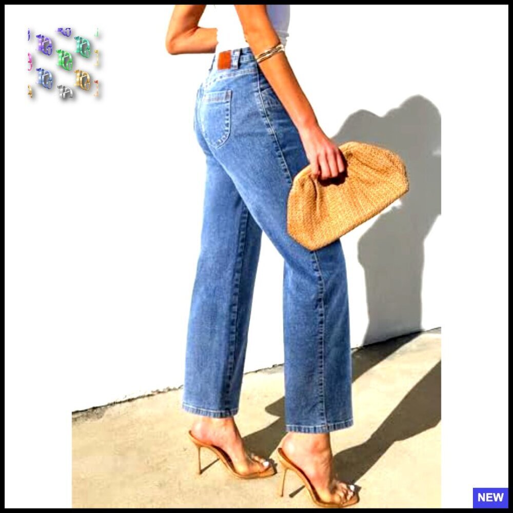 Straight Leg Jeans High Waisted Stretchy Wide Leg Ankle Denim Pants Chic - Picture 2 of 7